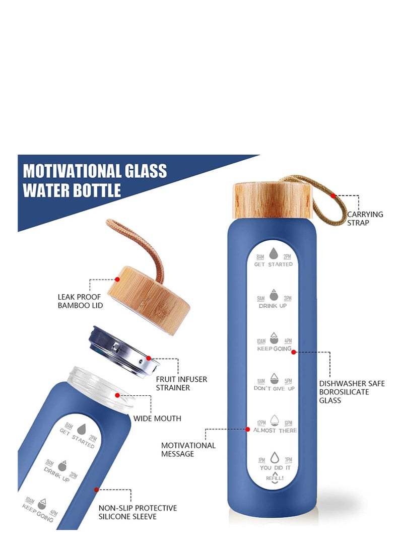 MIXDE - 32 Oz Borosilicate Glass Water Bottle with Times to Drink - Wide Mouth BPA Free Glass Motivational Water Bottles with Silicone Sleeve, Bamboo Lid, Fruit Infuser, and Bonus Brush (Blue) - Image 1