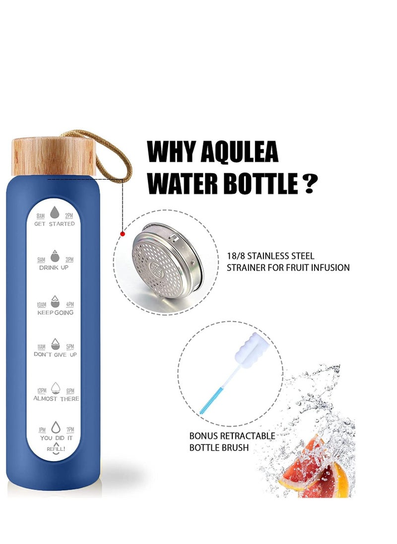 MIXDE - 32 Oz Borosilicate Glass Water Bottle with Times to Drink - Wide Mouth BPA Free Glass Motivational Water Bottles with Silicone Sleeve, Bamboo Lid, Fruit Infuser, and Bonus Brush (Blue) - Image 1