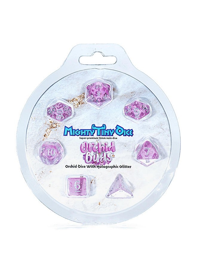 Gate Keeper Games & Dice: Mighty Tiny Dice: Orchid Buds - 7 pc - RPG Dice Set, Holographic Glitter, 12mm Resin Dice, Holographic Style Layered Dice - Image 1