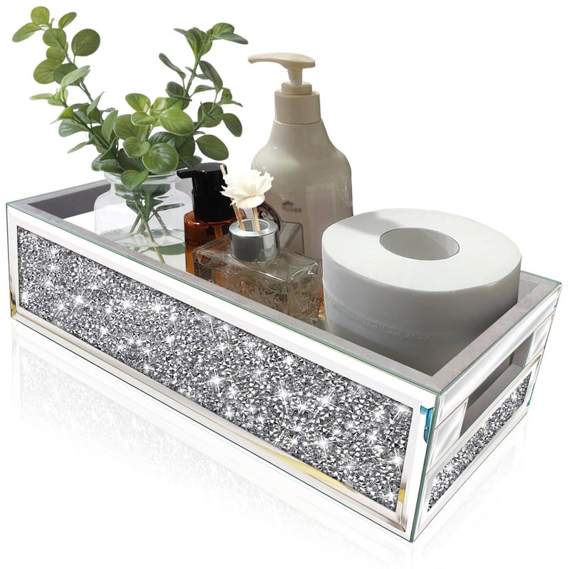 Wocred Bathroom Basket Toilet TankCrushed Diamond Mirrored Bathroom Tray WallMountedSilver Storage Organizer fits Dresser BedroomBathroomCoffee Table15x7x38