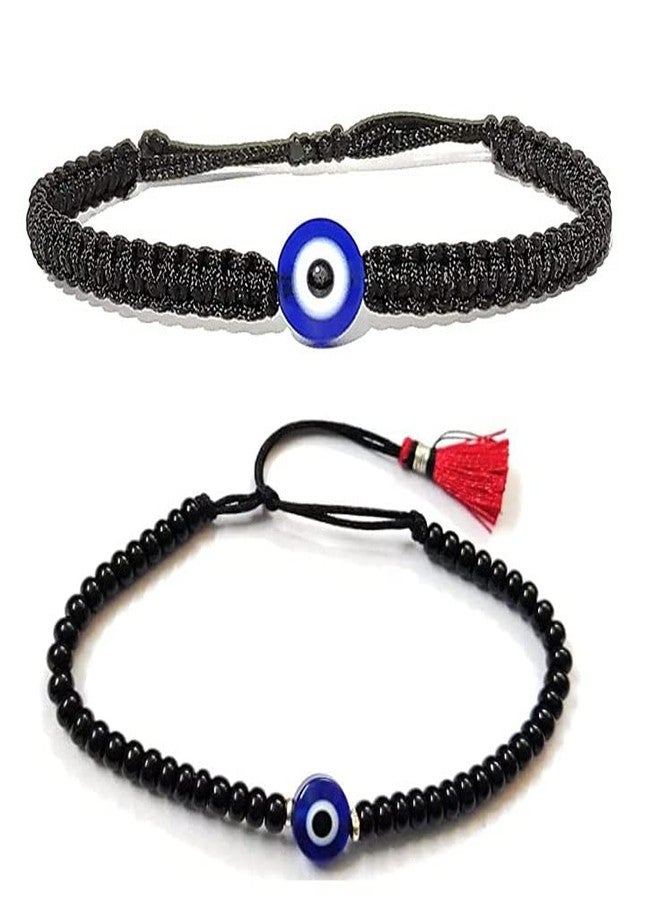 LIGAMENT Black Thread Black Beads With Blue Evil Eye Nazariya Bracelet For Unisex Combo 2Pc (Black) - Image 2