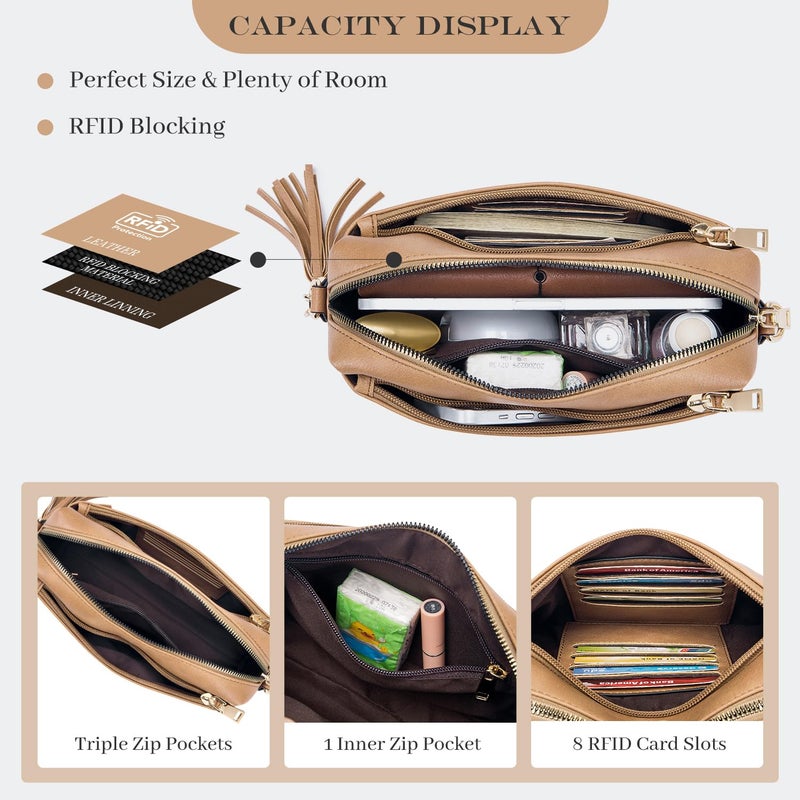 Roulens Triple Zip Small Crossbody Bag for women,Wide Strap Cell Phone Purse Shoulder Handbag Wallet with Credit Card Slots - Image 2