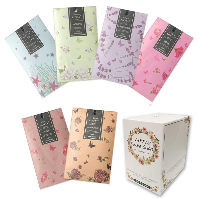 LIFFLY 14 Packs Scented Sachets Bag for Drawers and Closets Long-Lasting Home Fragrance Sachet Lavender Rose Jasmine Ocean Vanilla Sandalwood 6 Different Scent Gift Box - Image 1