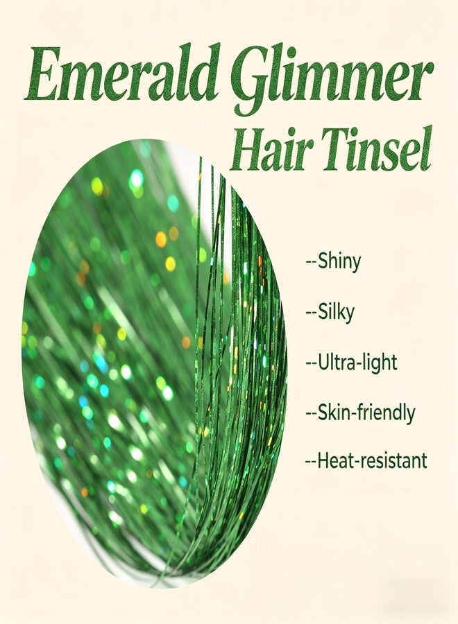 Celinebella Grass Green Clip in Hair Tinsel,Emerald Glimmer,24Inch 80 Strands per Piece,6Pcs Heat Resistant Fresh Hair Extensions for Women Teens St. Patrick Spring Accessories - Image 2