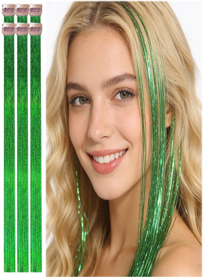 Celinebella Grass Green Clip in Hair Tinsel,Emerald Glimmer,24Inch 80 Strands per Piece,6Pcs Heat Resistant Fresh Hair Extensions for Women Teens St. Patrick Spring Accessories - Image 1