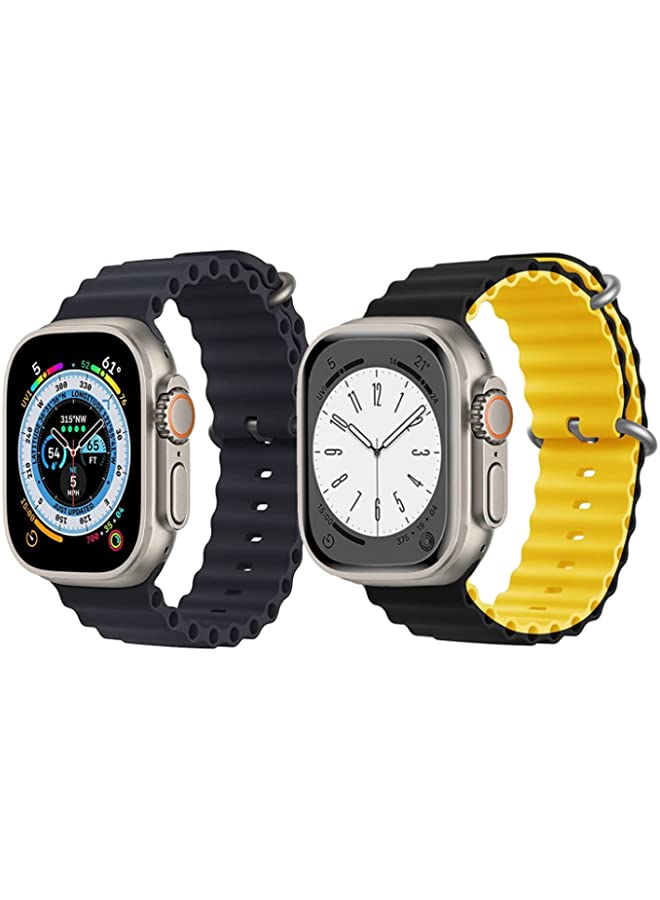 IAF Silicone Ocean Band Strap for Apple Watch Ultra 8 49mm Black Single Color Strap with Black/Yellow Double Side Strap Set of 2