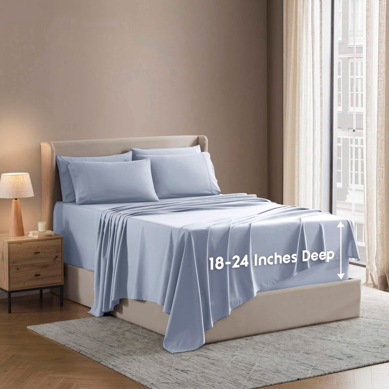 Nestl Extra Deep King Sheet Set 6 Piece Breathable Cooling Sheets Hotel Luxury Bedding Set w1824 Inch Deep Pockets Easy Secure Fit Super Soft Wrinkle Free Comfy Ice Blue