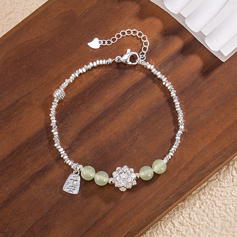 Silver Lotus Jade-Like Bracelet for Women Lotus hetian jade broken silver bracelet 