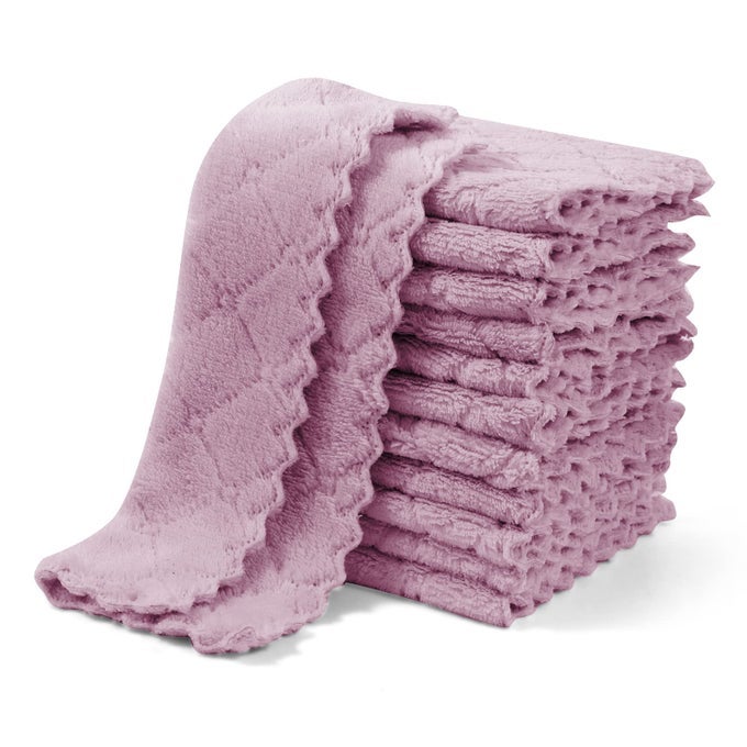 12 PACK KITCHEN DISH CLOTHS ULTRA SOFT ABSORBENT QUICK DRYING DISH TOWELS NONSTICK OIL MICROFIBER CLEANING CLOTH MACHINE WASHABLE CORAL FLEECE CLEANING RAGS PURPLE