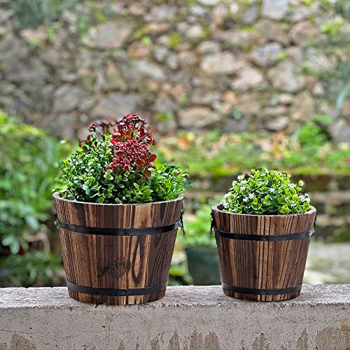 HAKKART Small Wooden Bucket Barrel Planters – 8 Inch 7 Inch Rustic Flower Planters Pots Boxes Container with Drainage Holes for Indoor Home Decor Small Plants, Brown Set of 2 - Image 4