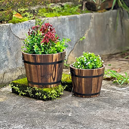 HAKKART Small Wooden Bucket Barrel Planters – 8 Inch 7 Inch Rustic Flower Planters Pots Boxes Container with Drainage Holes for Indoor Home Decor Small Plants, Brown Set of 2 - Image 3