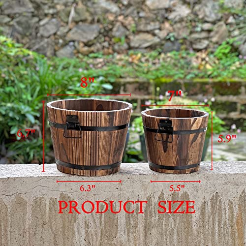 HAKKART Small Wooden Bucket Barrel Planters – 8 Inch 7 Inch Rustic Flower Planters Pots Boxes Container with Drainage Holes for Indoor Home Decor Small Plants, Brown Set of 2 - Image 2