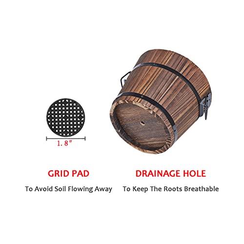 HAKKART Small Wooden Bucket Barrel Planters – 8 Inch 7 Inch Rustic Flower Planters Pots Boxes Container with Drainage Holes for Indoor Home Decor Small Plants, Brown Set of 2 - Image 5