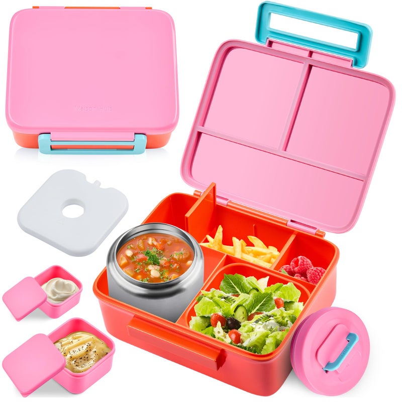 Bento Lunch Box for Kids with 8oz Soup Thermo LeakProof Lunch Food Containers with Snack Sauce Container for Kid Toddler Girls Boys to SchoolPink