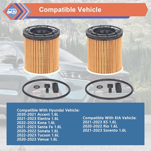 ZONFANT 2 Pcs Engine Oil Filter Compatible With Hyundai KIA Vehicle Accent Elantra Kona Santa Fe Tucson Venue 1.6L 2020-2023, Rio K5 Sorento 1.6L 2020-2023, Replace#26350-2M000 - Image 3