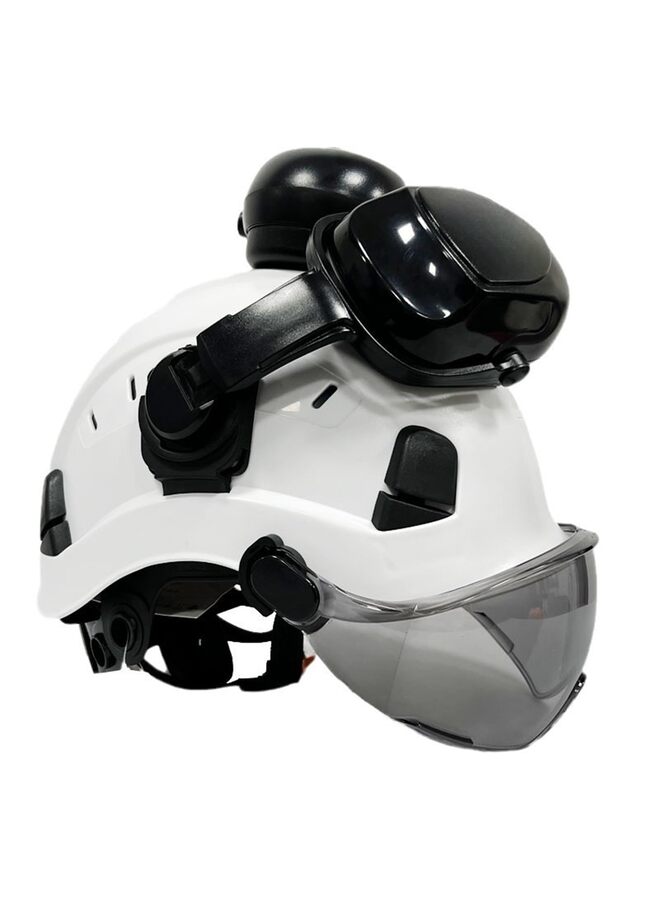 خوذة عمل صلبة مع قناع وحماية للأذن قابلة للتعديل وخفيفة الوزن وجيدة التهوية للرجال والنساء، مثالية (اللون: أبيض) - Image 1