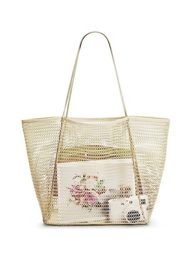 HY Mesh Beach Bag for Women, Large Tote Bag Lightweight Foldable 23L Beach Tote with Zipper Pocket for Women Vacation Beach Pool Trip - Image 1