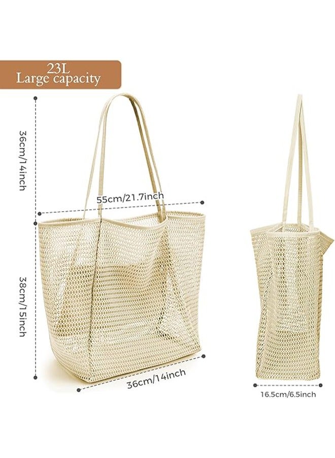 HY Mesh Beach Bag for Women, Large Tote Bag Lightweight Foldable 23L Beach Tote with Zipper Pocket for Women Vacation Beach Pool Trip - Image 4