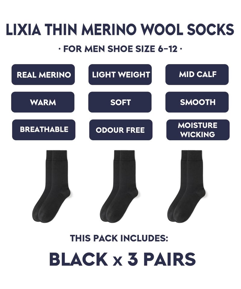 lixia جوارب لكسيا الرجالية من صوف الميرينو الرقيق، دافئة ومريحة لفصل الشتاء، جوارب رسمية متوسطة الساق (3 أزواج - أسود) - Image 2