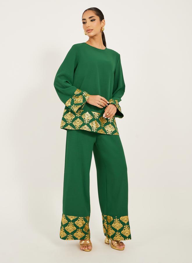 Styli Gold Border print Top and Pant modest set - Image 2