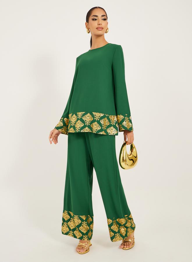 Styli Gold Border print Top and Pant modest set - Image 1
