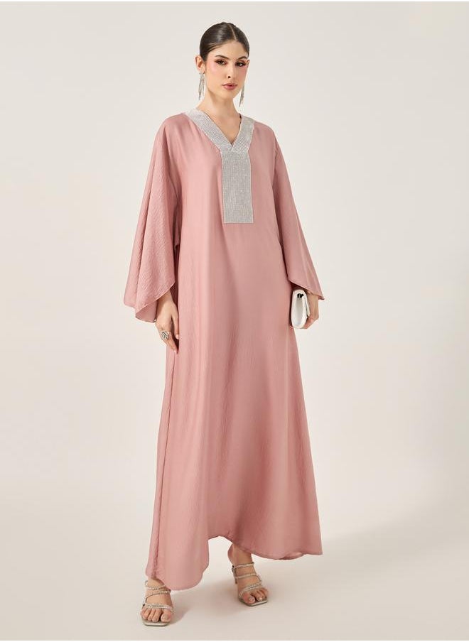 Styli - Satin Angel Sleeve Embellished V-Neck Jalabyia - Image 1