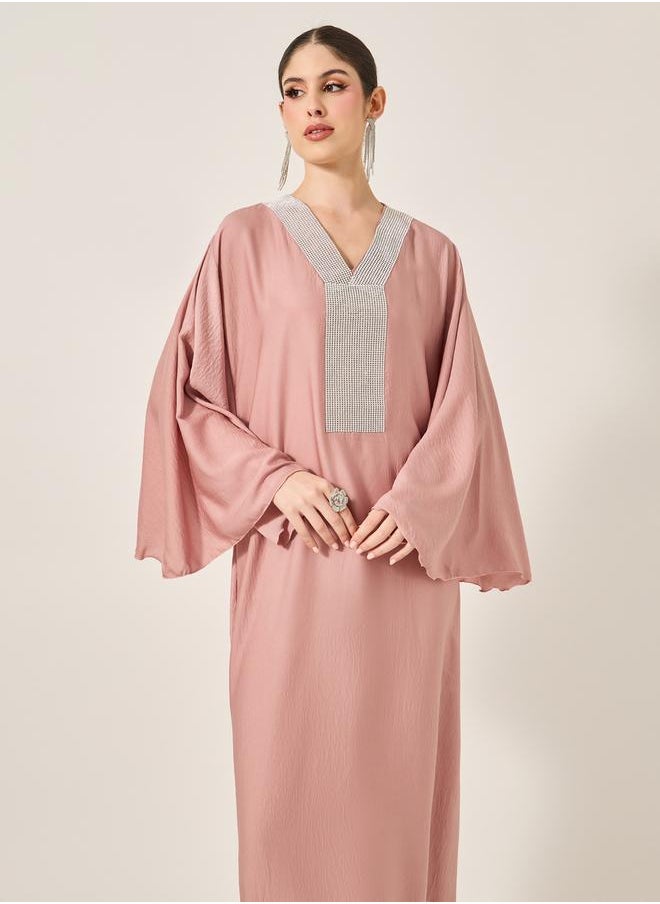 Styli - Satin Angel Sleeve Embellished V-Neck Jalabyia - Image 1