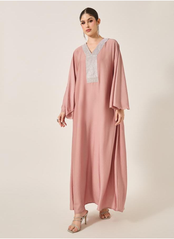 Styli - Satin Angel Sleeve Embellished V-Neck Jalabyia - Image 1