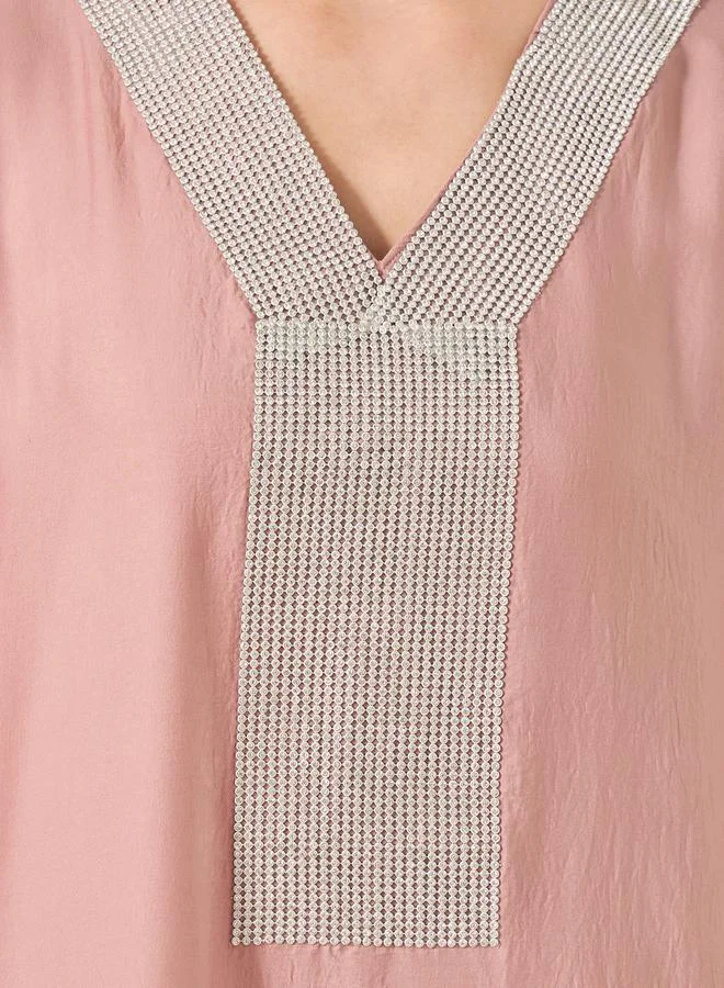 Styli Styli Satin Angel Sleeve Embellished V-Neck Jalabyia