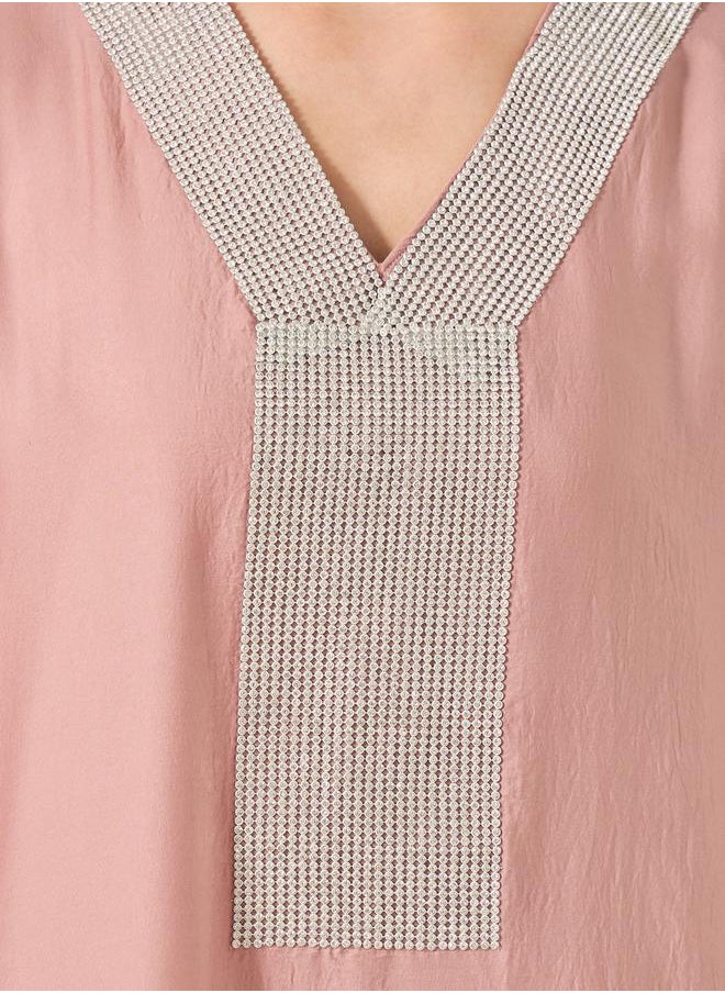 Styli - Satin Angel Sleeve Embellished V-Neck Jalabyia - Image 1