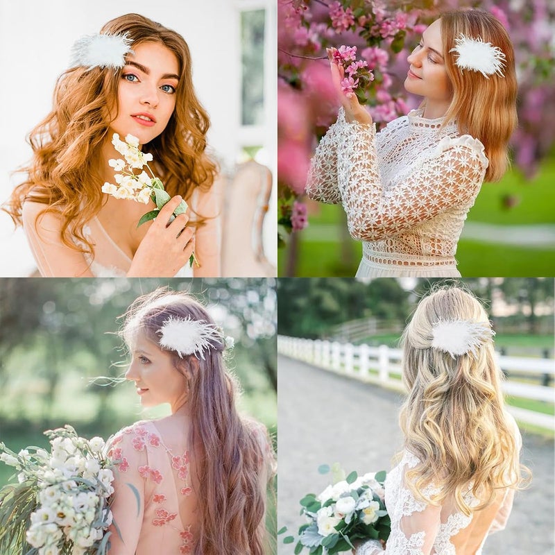 2 Pcs Feather Hair Clip Artificial Swan Ostrich Alloy Ballet Style Hair Pins Women Bride Wedding Party Festival Stage Performance Hair Accessories White - Image 3