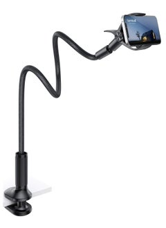 Gooseneck Phone Holder For Bed Overall Length 38.6 Inch Flexible Leather Wrapped Arm 360 Adjustable Clamp Clip Overhead Cell Phone Mount Stand For Desk Compatible With All Cellphone 4 To 7 Inch