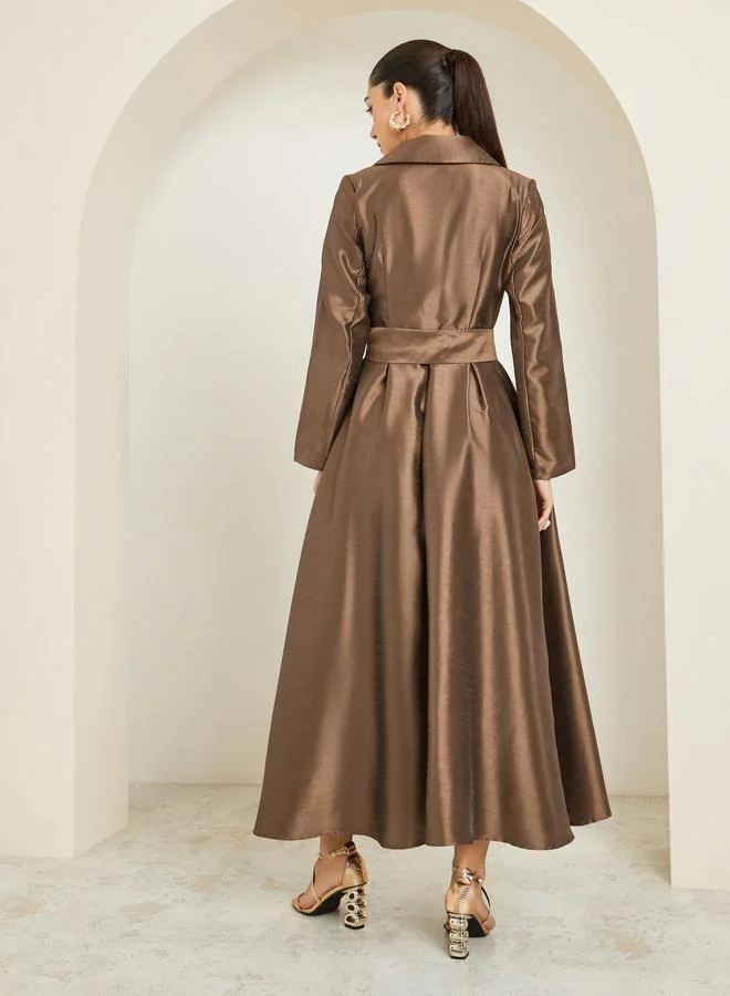 Styli Brown Organza Waist Tie Blazer Maxi Dress
