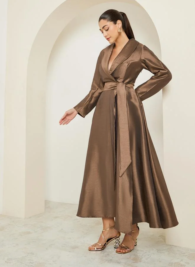 Styli Brown Organza Waist Tie Blazer Maxi Dress