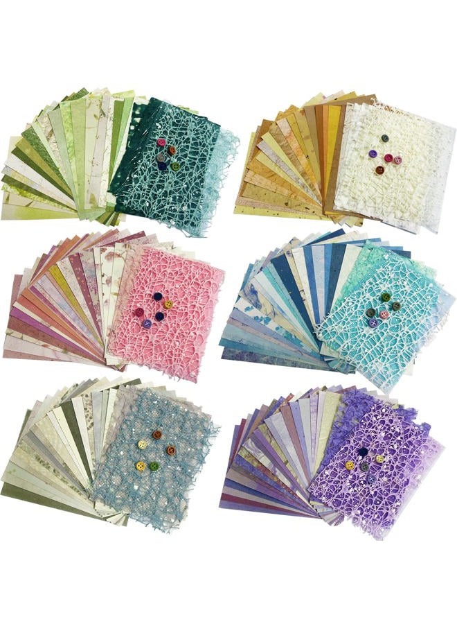 Yuilgdo 156 Sheets Textured Scrapbook Paper & Mesh Fabric Assorted Set +30 Buttons - 6 Pack Mixed Special Paper for DIY Scrapbooking Planner Bullet Junk Journal Supplies Collage Background 3.9x5.5 Inch - Image 1