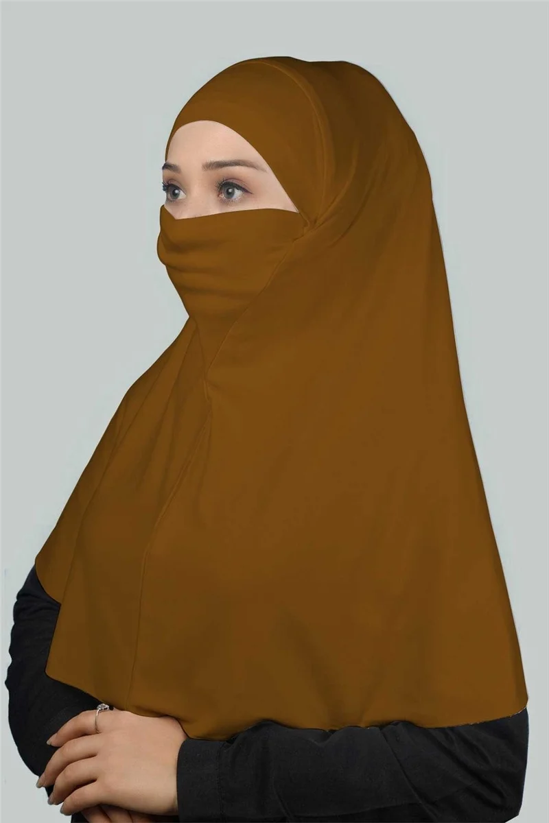 التوبة Ready-made Turban Practical Scarf with Veil Hijab with Nikap - Prayer Cover Soufflé (Xl) - Tan