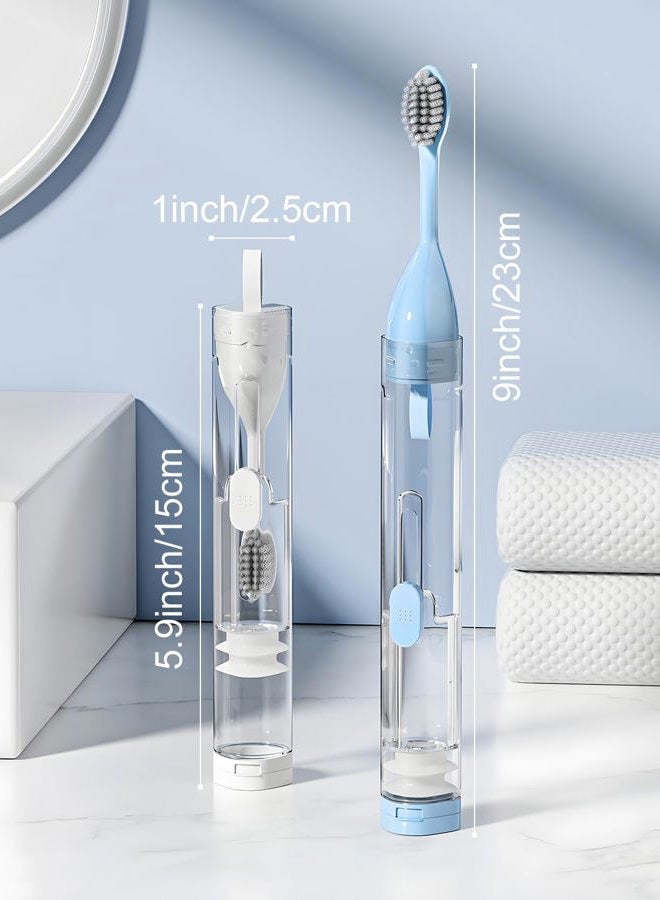 First-zgel 2 Packs Toothbrushes Kit Fold Travel Size Built-in Travel Toothpaste Container, Including 4 Cleaner Head Soft Bristles for Travel, Camping, School, Business Trip (Blue, White) - Image 2