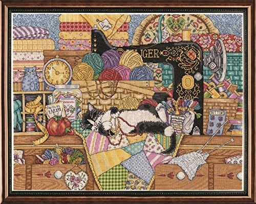 Tobin 2863 14 Count Kitty Sewing Lesson Counted Cross Stitch Kit, 16" by 20", Multicolor - Image 1
