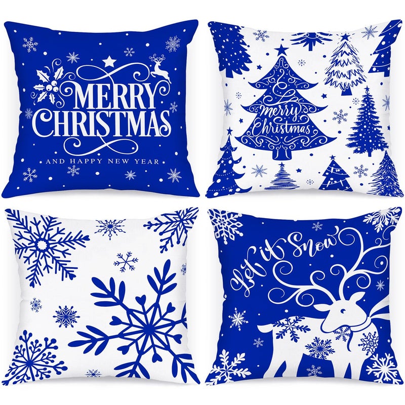 Lanpn White and Blue 18x18 Christmas Pillow Covers Set of 4 Decorative 18 Inch Navy Winter Snowflake Throw Pillow Case Xmas Cushion Cover for Indoor House Sofa Dark Blue - Image 2