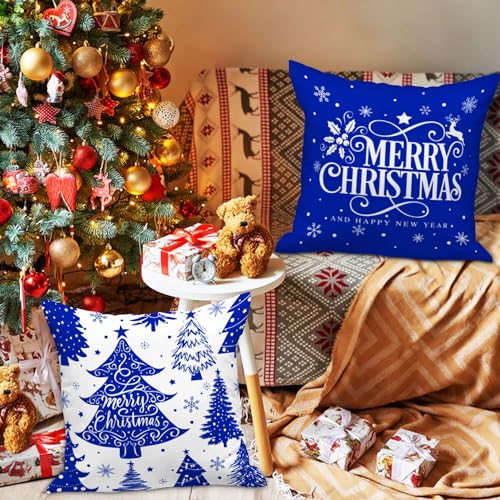 Lanpn White and Blue 18x18 Christmas Pillow Covers Set of 4 Decorative 18 Inch Navy Winter Snowflake Throw Pillow Case Xmas Cushion Cover for Indoor House Sofa Dark Blue - Image 3