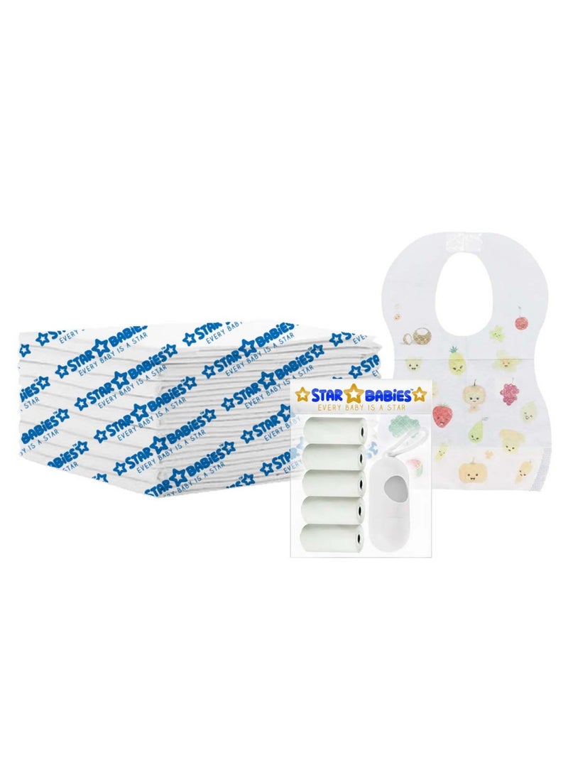 STAR BABiES Combo Packs Changing Mat 45 X 60Cm 15Pcs, Scented Bag Pack Of 5 W/Dispenser 75Bags, Bibs 15Pcs-White  - Image 1