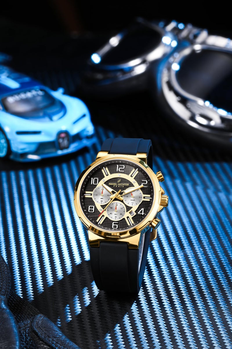 Daniel Hechter Paris Beaubourg Collection Multifunctional Watch for Men with Textured Round Dial and Silicon Strap-DHM1009 (Gold) - Image 3