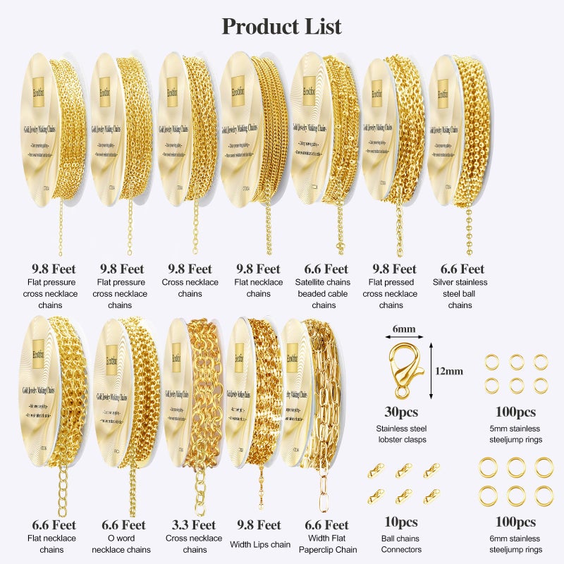 Ecoofor Gold Necklace Chains for Jewelry Making, 95.1 Feet 12 Rolls Jewelry Chains for DIY Necklace Bracelet Jewelry Making with Jump Rings/Lobster Clasps/Connectors - Image 3