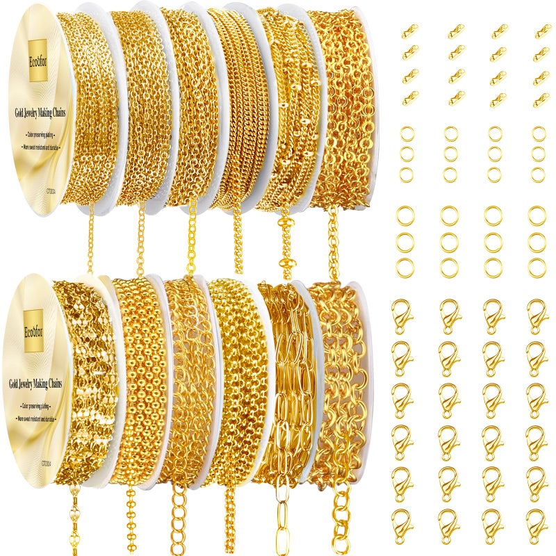 Ecoofor Gold Necklace Chains for Jewelry Making, 95.1 Feet 12 Rolls Jewelry Chains for DIY Necklace Bracelet Jewelry Making with Jump Rings/Lobster Clasps/Connectors - Image 1
