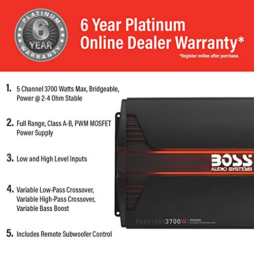 BOSS Audio Systems PV3700 5 Channel Car Stereo Amplifier – 3700 High Output, 5 Channel, 2/4 Ohm Stable, Low/High Level Inputs, High/Low Pass Crossover, Full Range, Bridgeable, for Subwoofer - Image 3