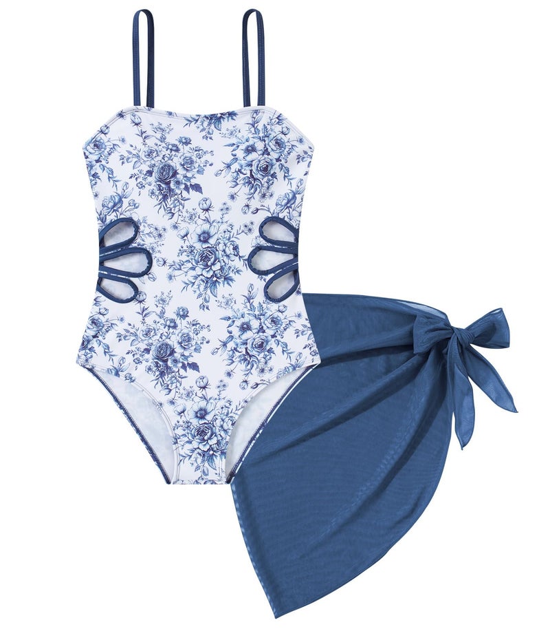 Cuddomper Girls Swimsuit Floral Cut Out One Piece Bathing Suit Adjustable Straps Swimwear with Blue Cover Up Skirt Vacation Beach Size 13-14 - Image 1