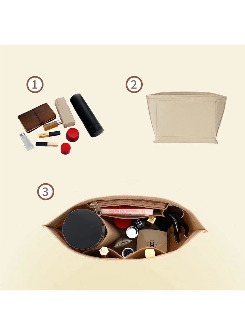 SOLARAE Multi-Pocket Felt Handbag Organizer, Folding Tote Bag organizer insert, Felt Organizer Insert Handbags & Base Shaper, for Insert Wallet Organizer for Longchamp (Small, Beige) - Image 2