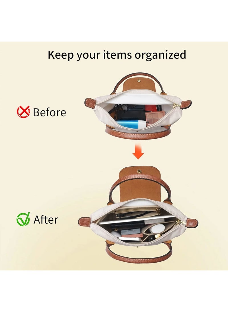 SOLARAE Multi-Pocket Felt Handbag Organizer, Folding Tote Bag organizer insert, Felt Organizer Insert Handbags & Base Shaper, for Insert Wallet Organizer for Longchamp (Small, Beige) - Image 3