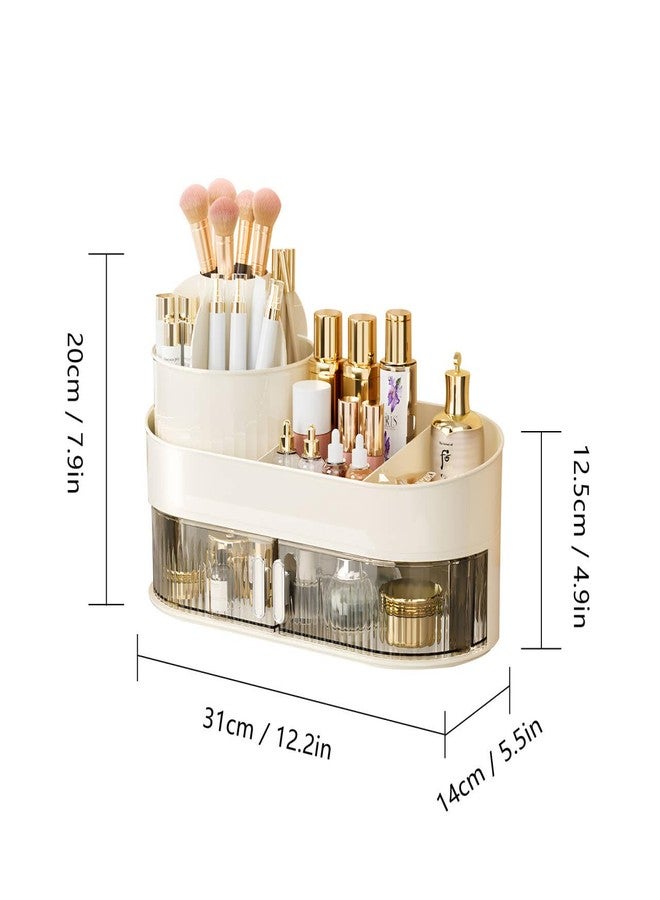 EachDusto Rotating Makeup Brush Holder organizer with Drawer White Makeup Organizers Countertop Large Makeup Organization Skincare Storage for Vanity Desktop Bathroom - Image 2
