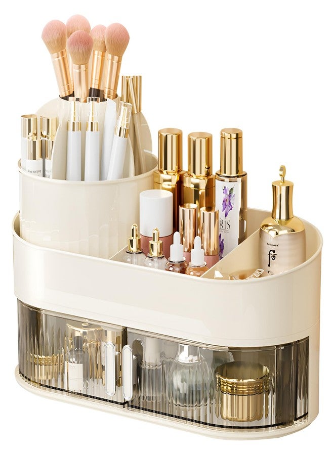 EachDusto Rotating Makeup Brush Holder organizer with Drawer White Makeup Organizers Countertop Large Makeup Organization Skincare Storage for Vanity Desktop Bathroom - Image 1